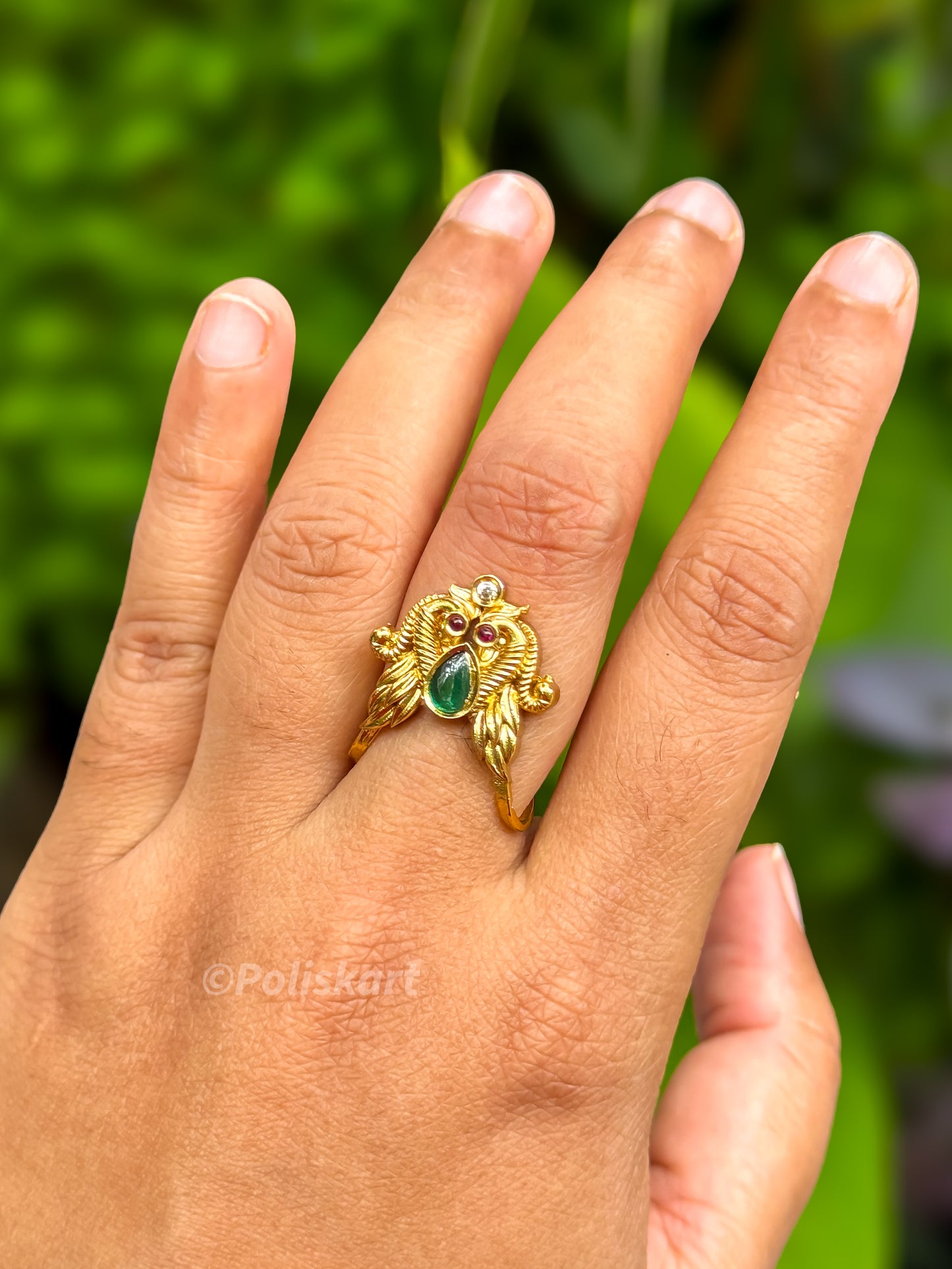 PK132 - Free size vangi ring - Green peacock design