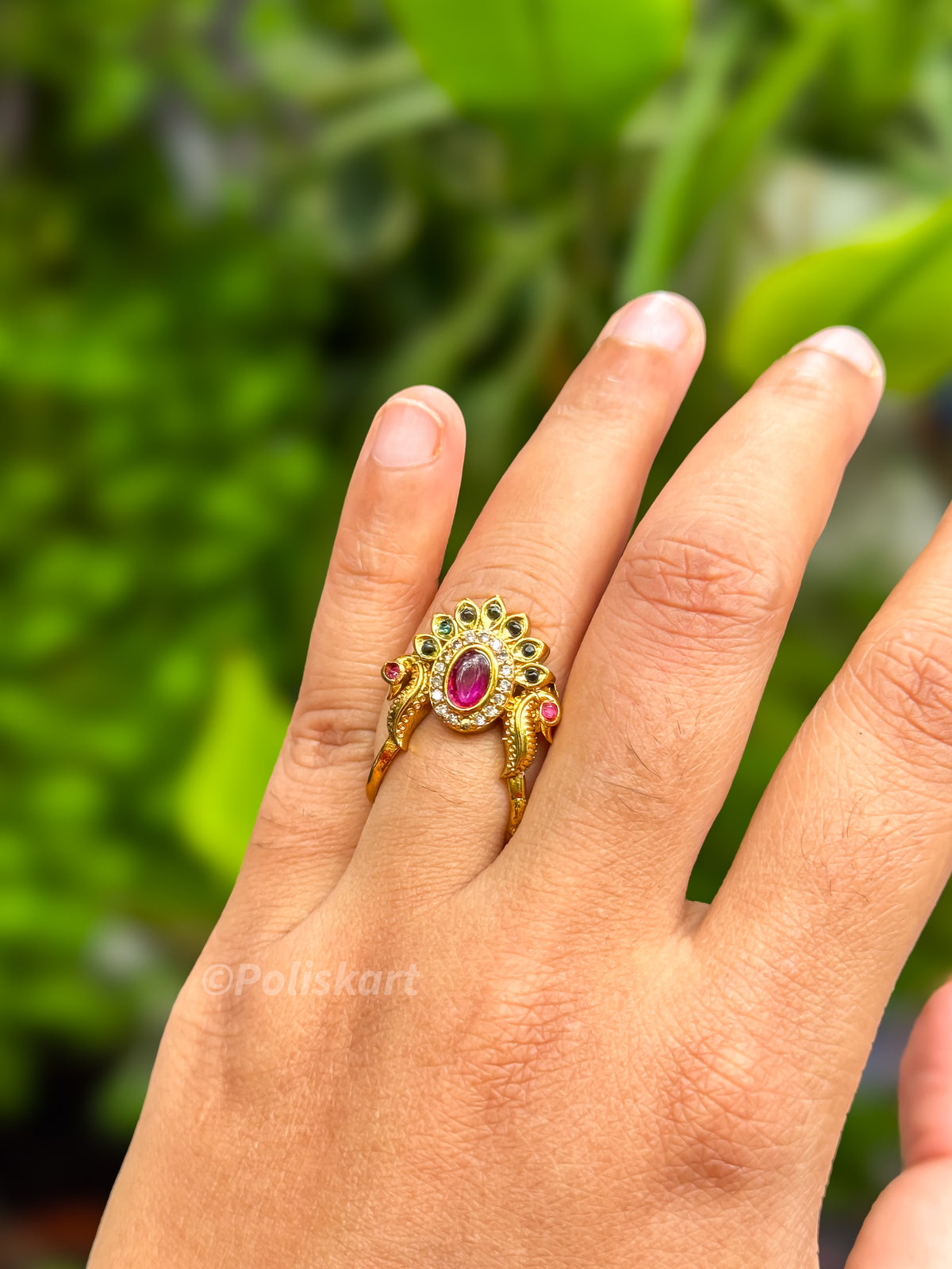 PK134 - Free size vangi ring - Ruby Stone worked design