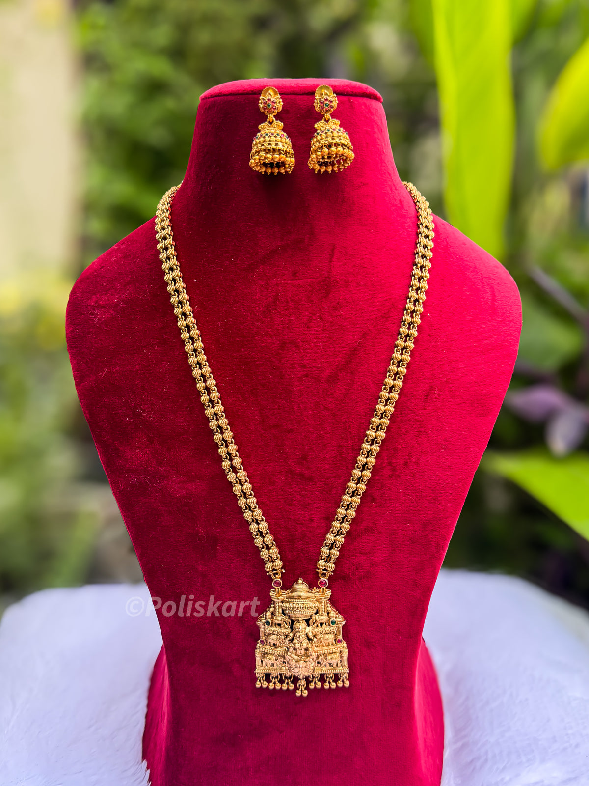 PK156 - Gold finished Double Layer Lakshmi haram with jhumka set