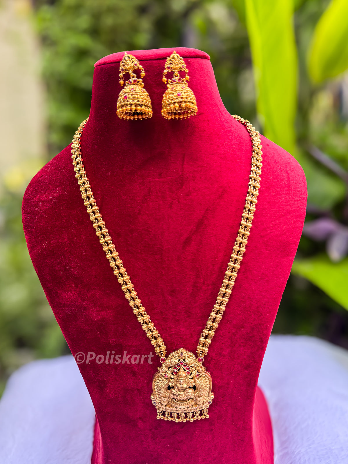 PK160 - Pink stone double Layer Lakshmi haram with jhumka set