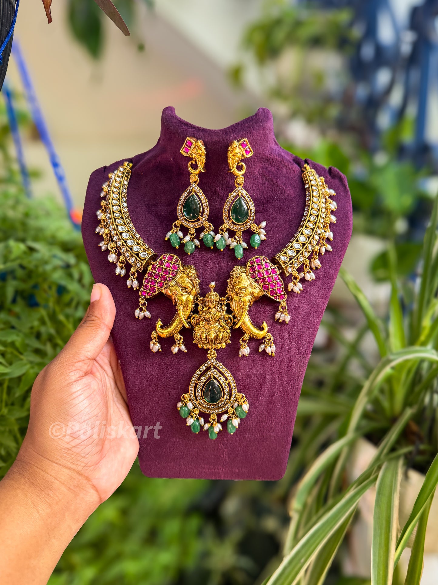 Trending premium stone worked elephant necklace with earring