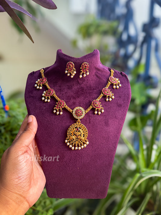 Rubi and white stone worked necklace with earring set