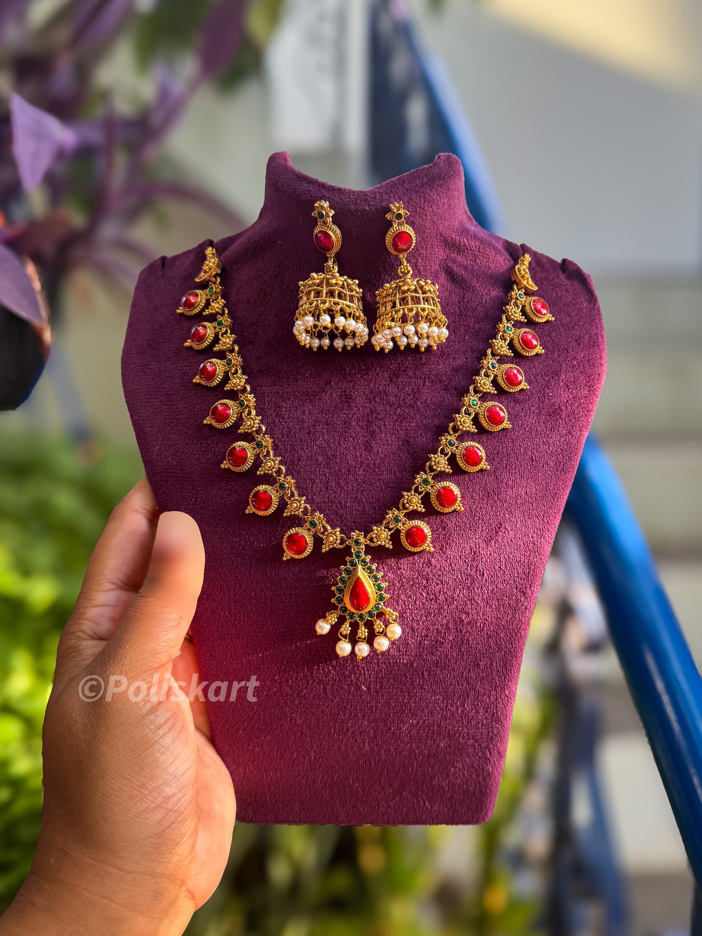Trending red palakka type stone worked necklace with jhumka set