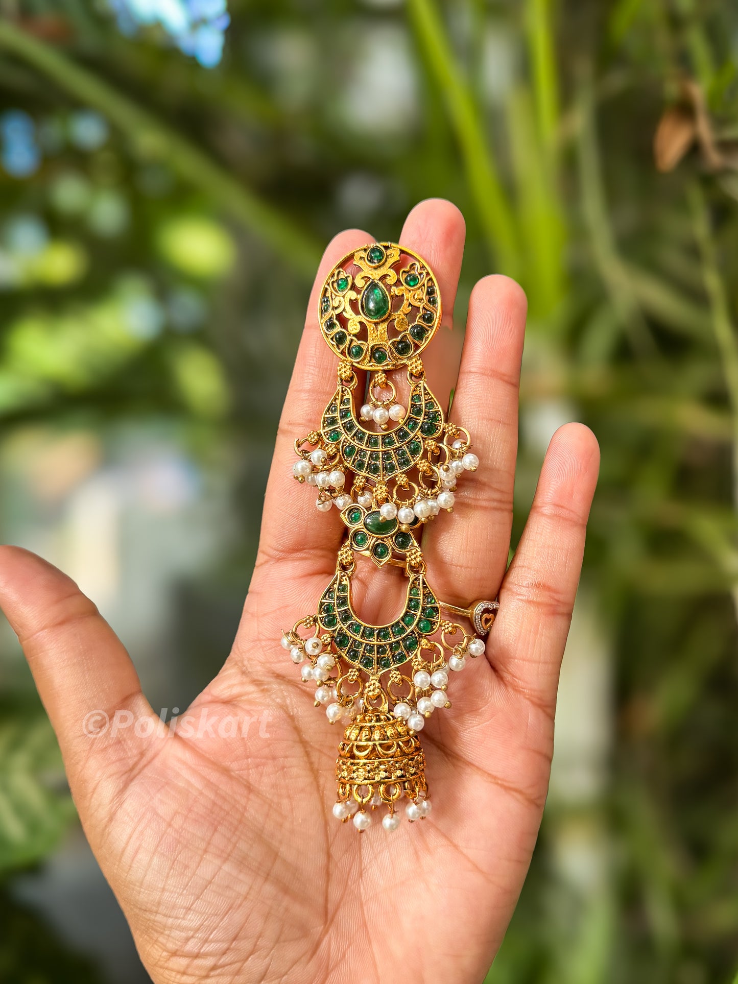 Antique hair brooch -  green stone worked design