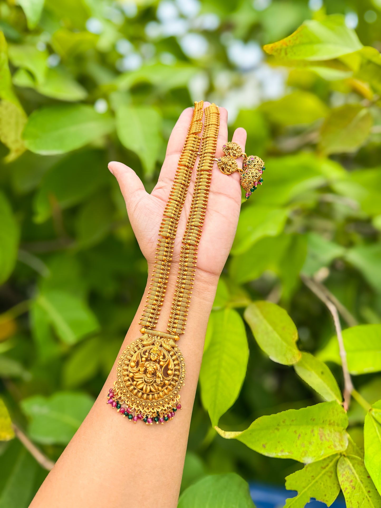 Matte finished premium Lakshmi haram with jumka set