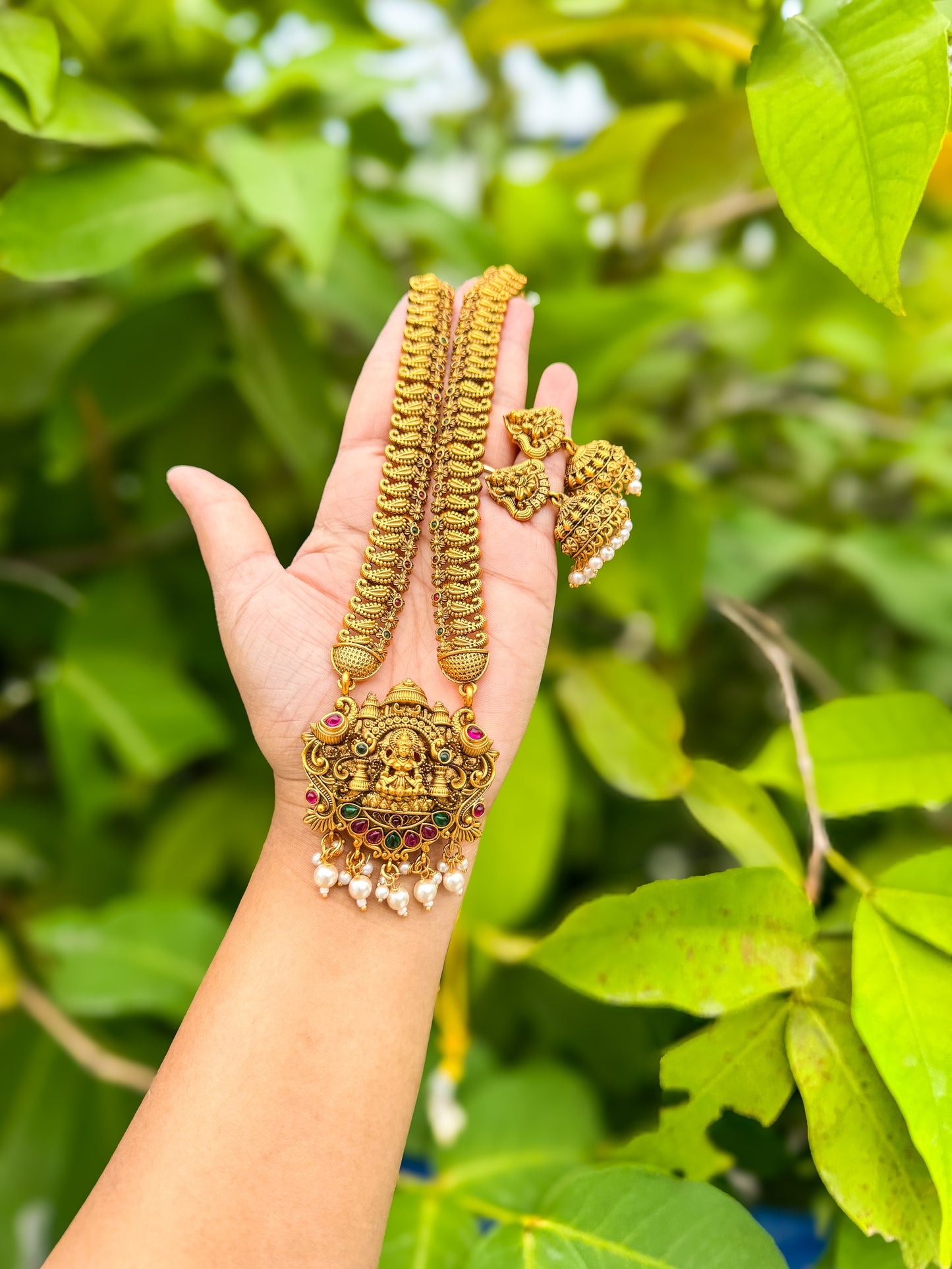 Premium Gold finished Lakshmi haram with jumka set