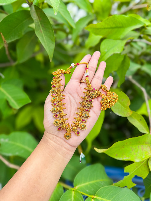 Rubi stone worked necklace with jumka set