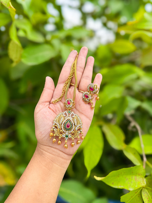 lotus stone worked attigai necklace with earing