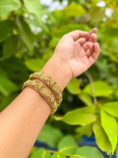 2 Bangles set with lakshmi and peacock stone designed