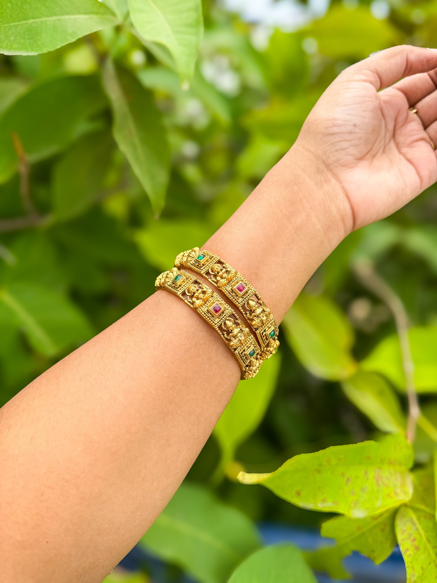2 Bangles set with lakshmi and square stone designed