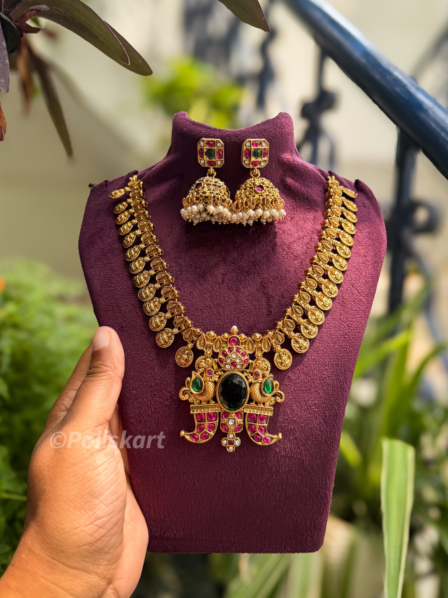 Trending kasumala and stone worked necklace with jhumka set