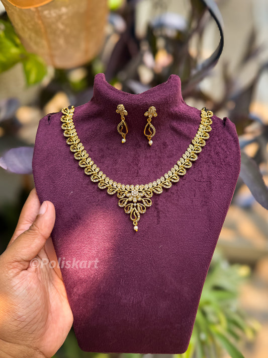 Diamond  finished white stone necklace with earring set
