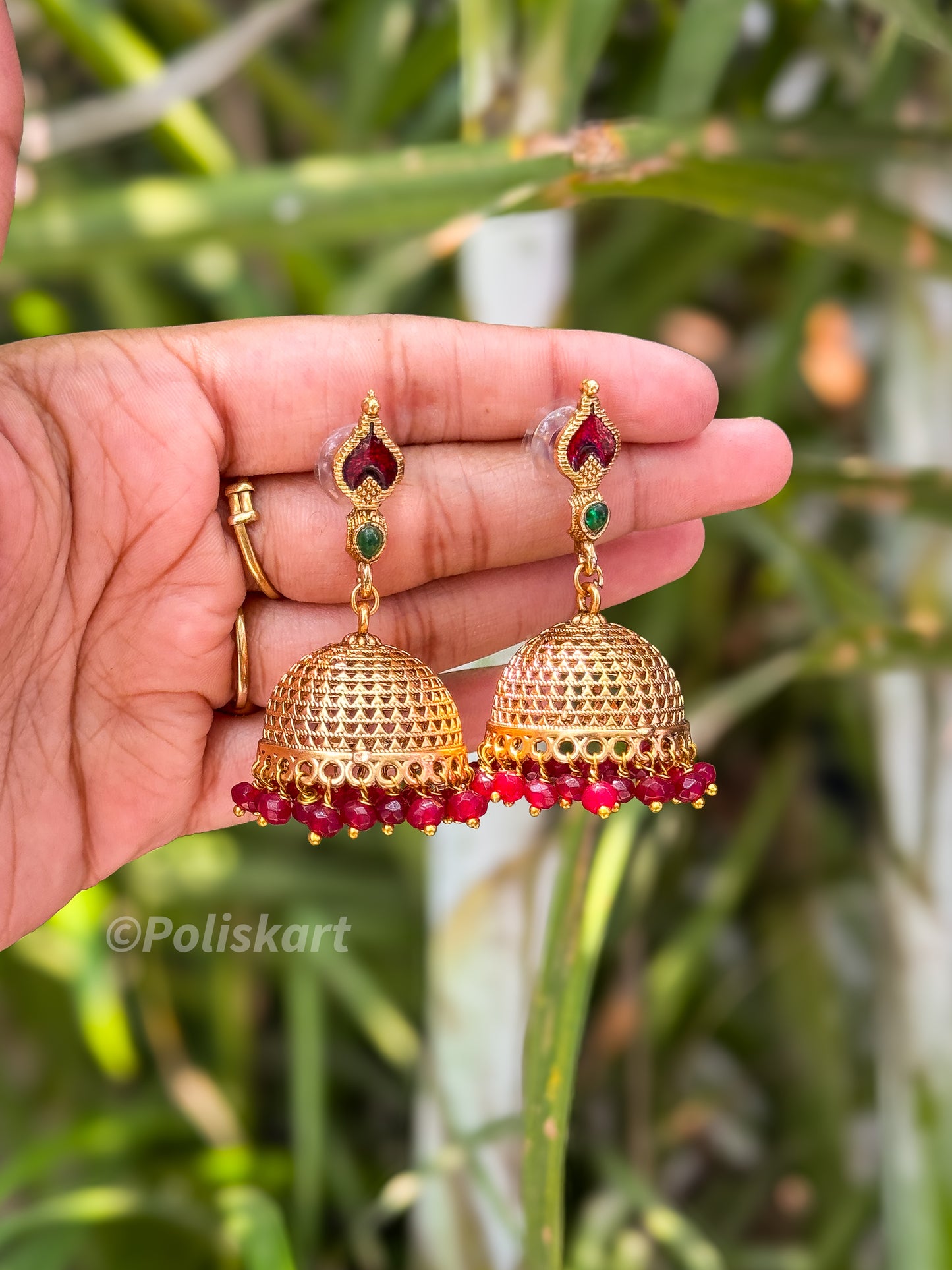 Rubi and green stone worked jhumka set