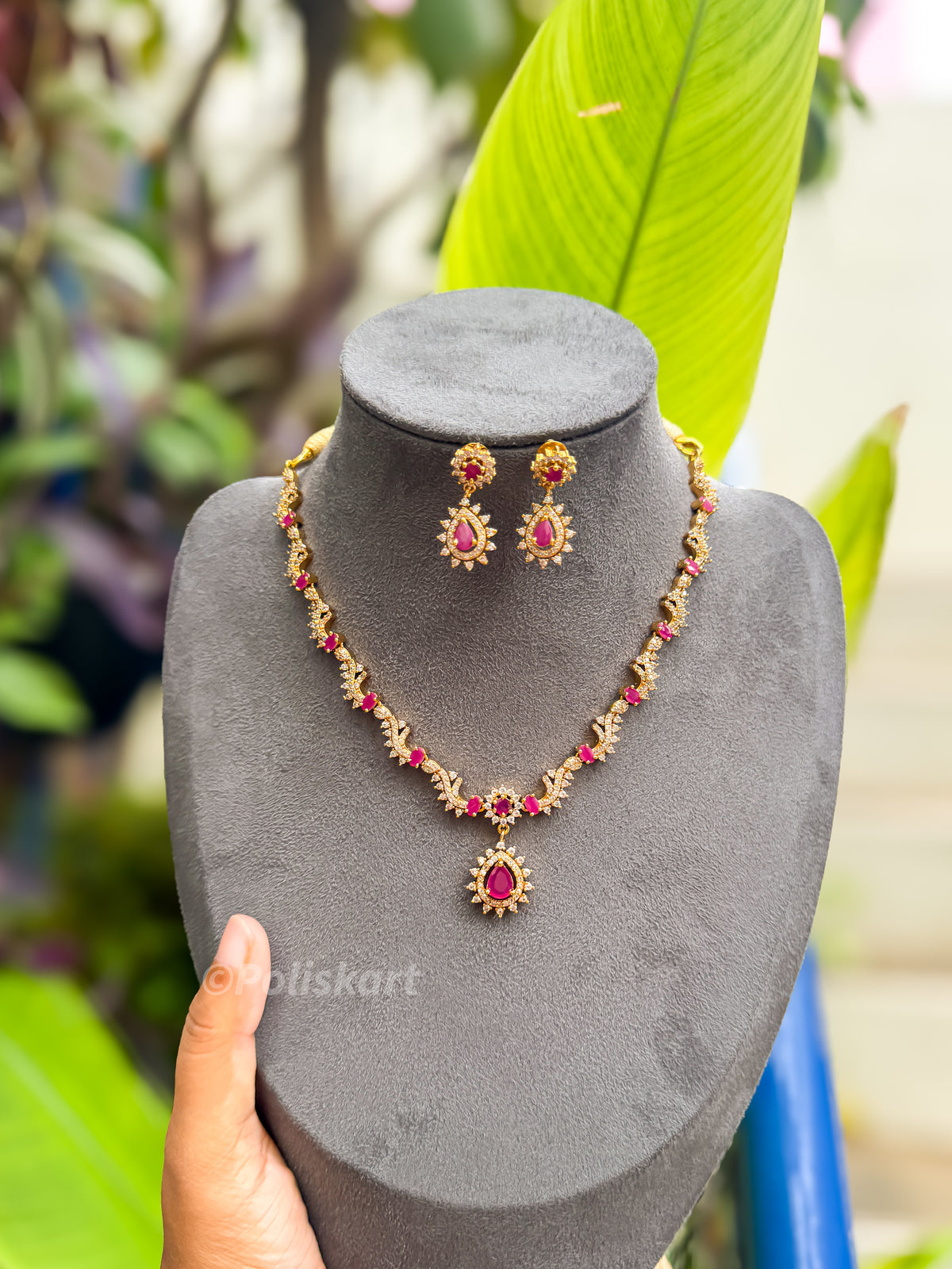 PK180 - Ruby and white stone worked necklace with Earring