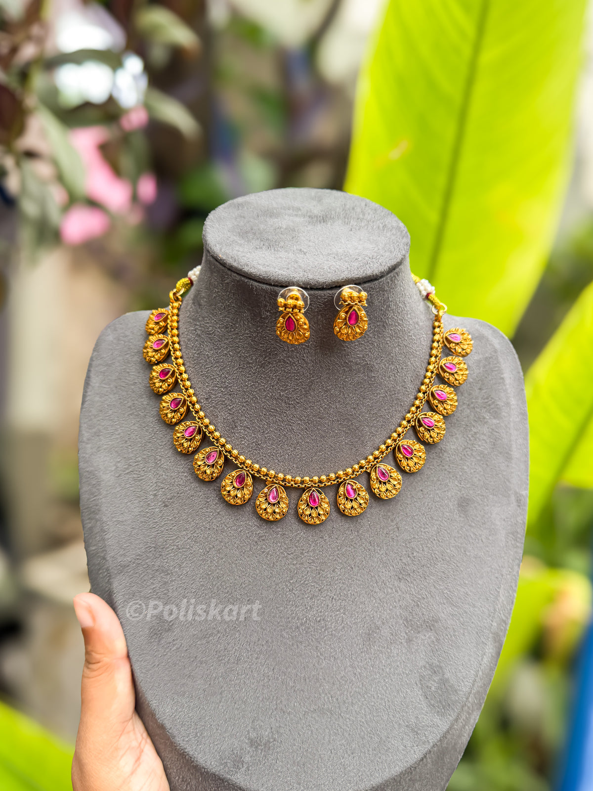 PK181 - Ruby stone worked feather designed necklace with Earring