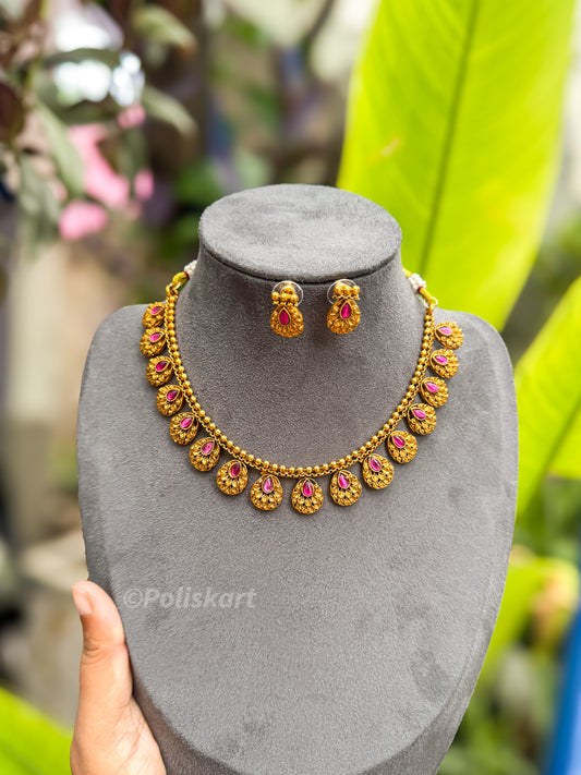 PK181 - Ruby stone worked feather designed necklace with Earring