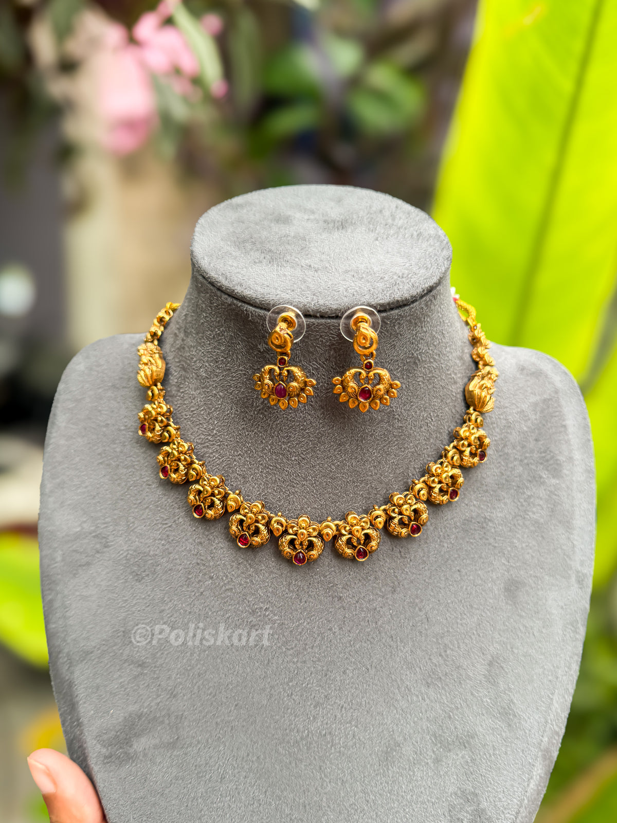 PK182 - Ruby stone worked Peacock designed necklace with Earring