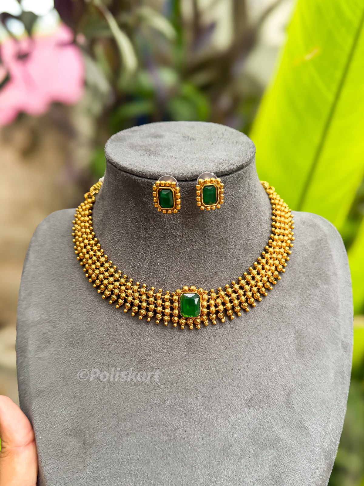 PK184 - Emerald stone worked chocker cum necklace with Earring