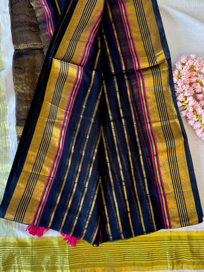 PK198 - Original Mul-cotton Saree - Black and goldent color with blouse