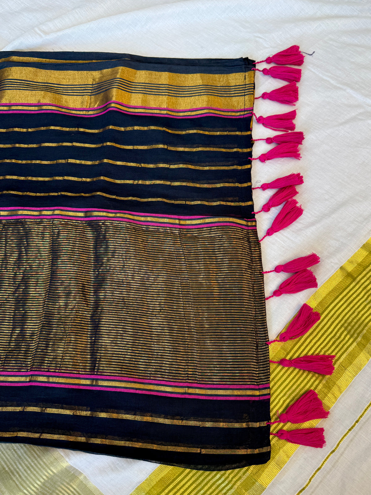 PK198 - Original Mul-cotton Saree - Black and goldent color with blouse