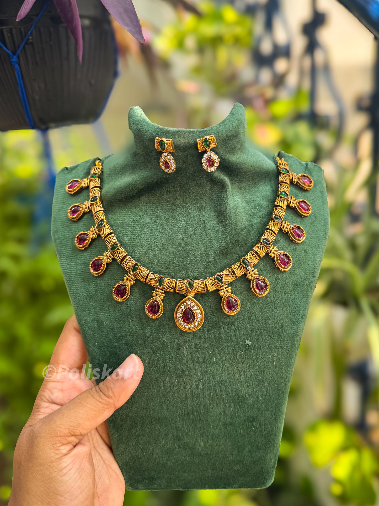 Rubi stone worked necklace with earring set
