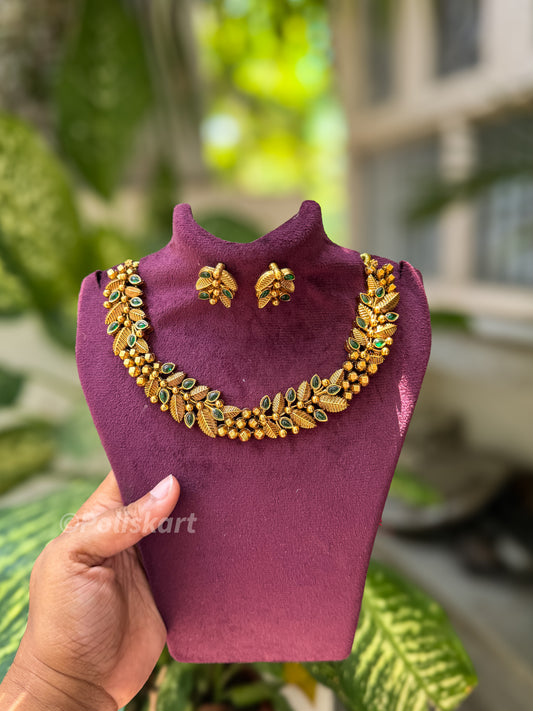 Green stone worked  necklace with earring set