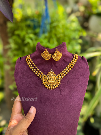 Lakshmi and golden beads worked chocker cum necklace set