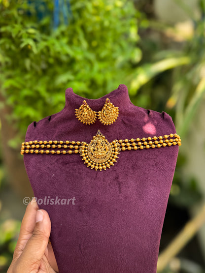 Lakshmi and golden beads worked chocker cum necklace set