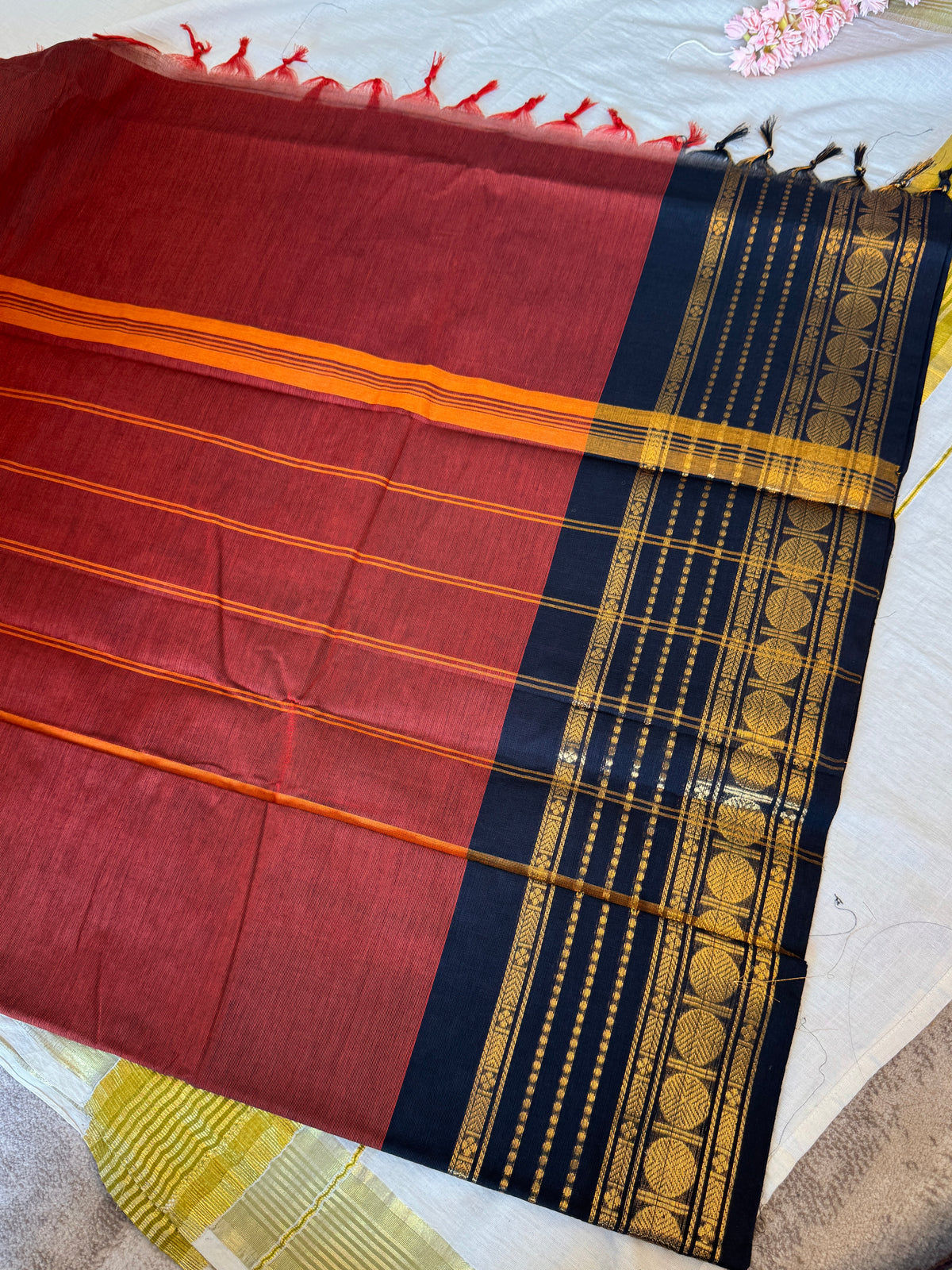 PK202 - Original Trending kanchi cotton Saree - Red and Black color with blouse
