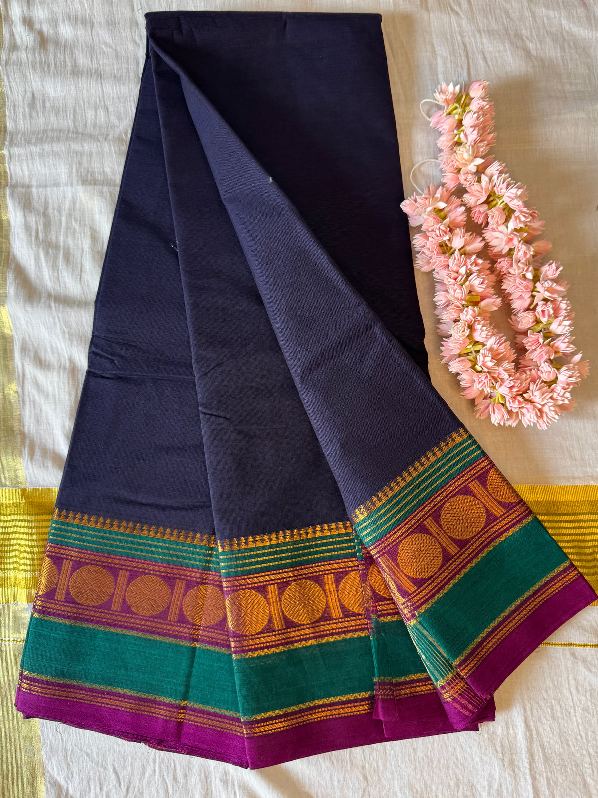 PK200 - Original Trending kanchi cotton Saree - Dark Blue color with blouse