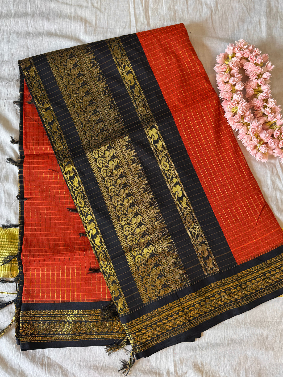 PK205 - Original Trending kalyani cotton Saree - Rusted orange color with blouse