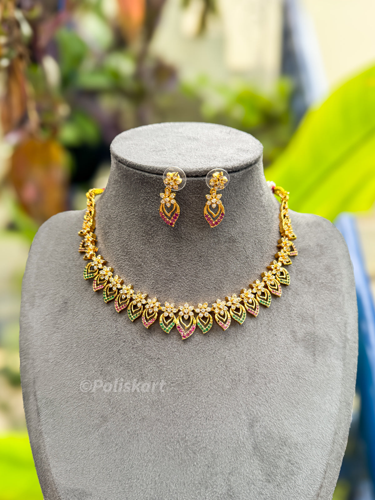 PK209 - Premium multistone worked diamond necklace with earring set