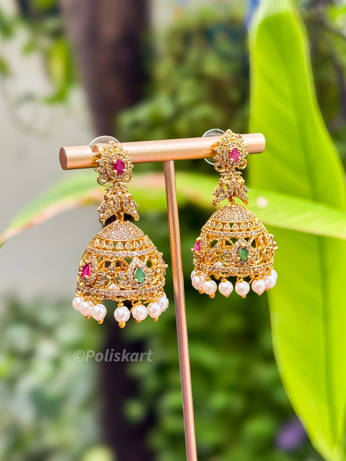 PK215-  Diamond finished jhumka set - peacock design