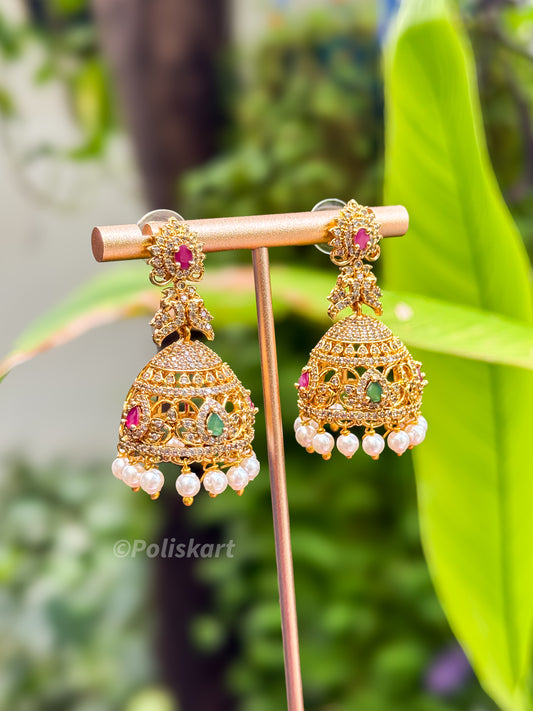 PK215-  Diamond finished jhumka set - peacock design