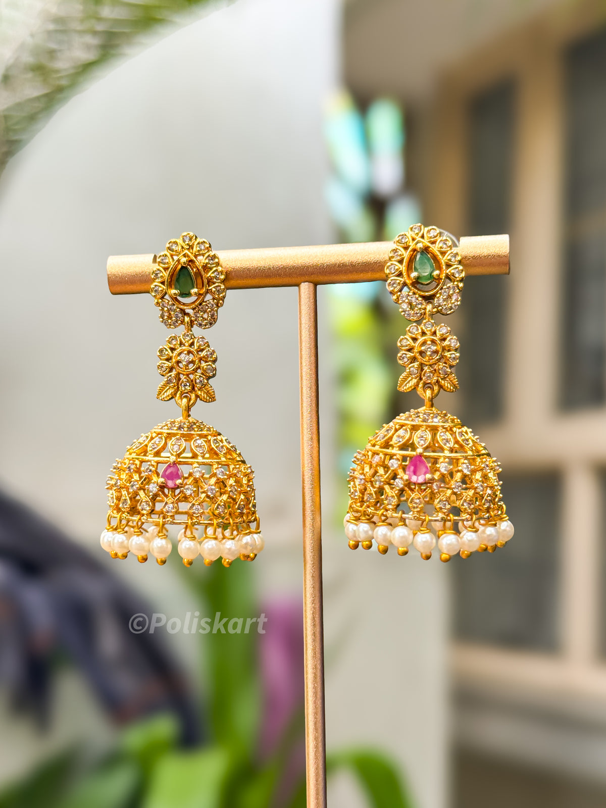 PK214-  Diamond finished jhumka set - flower design