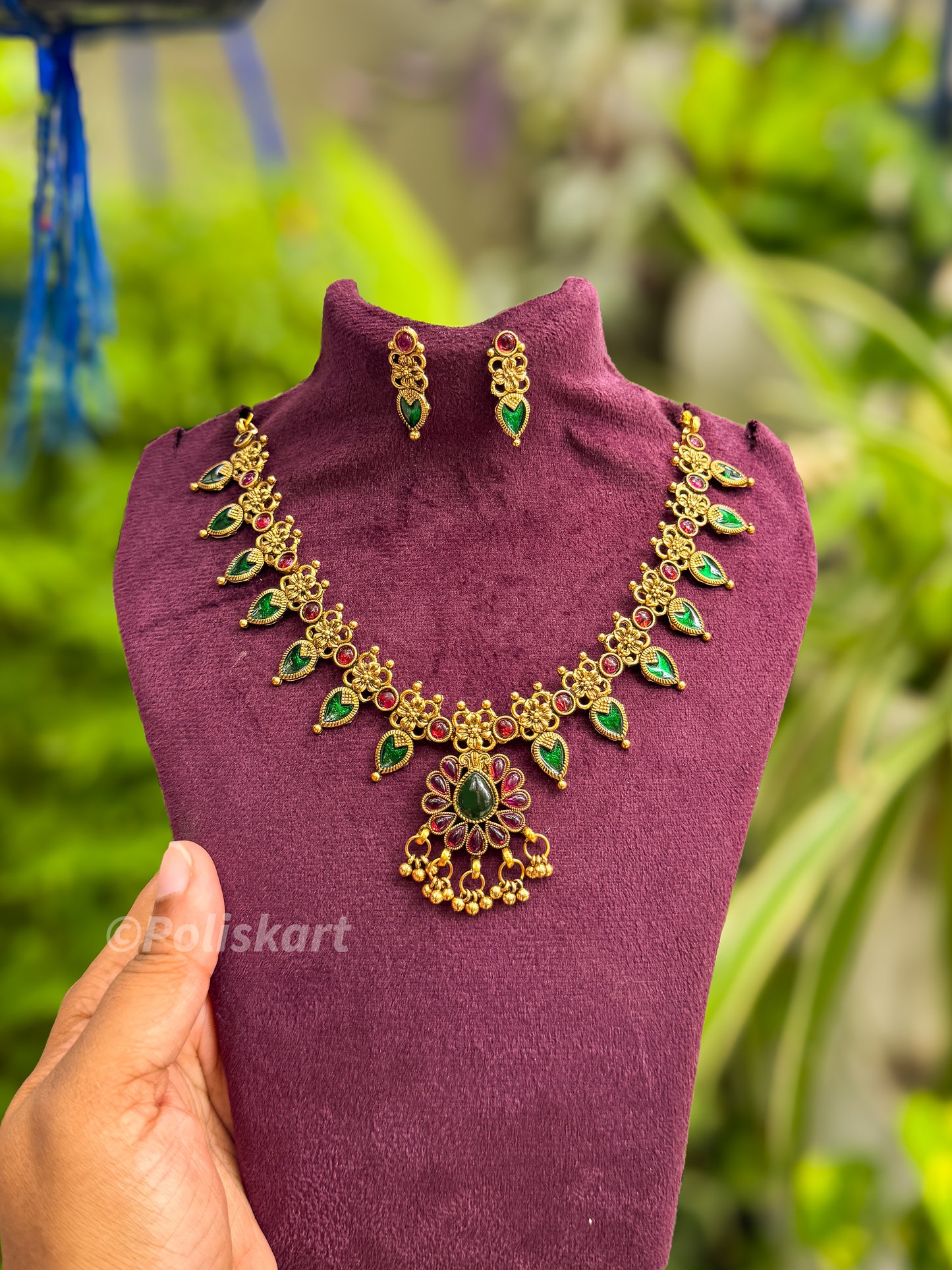 Kerala style green palakka necklace with earring set