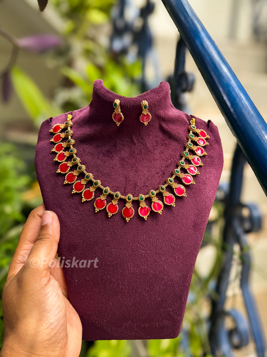 Pinkish Red palakka designed necklace with earring set