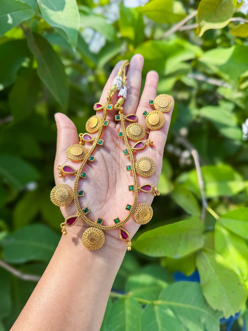 Premium Green and Rubi stone worked necklace with earring set