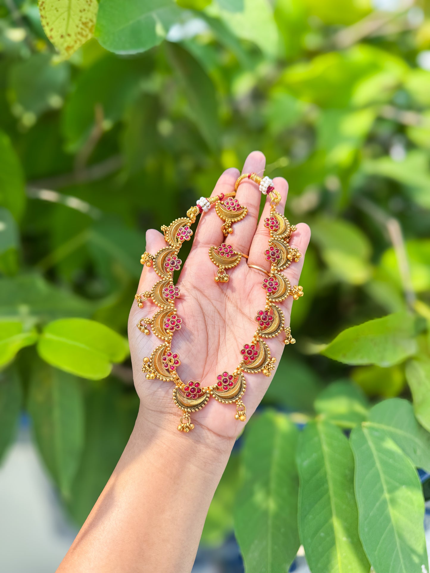 Trending flower stone worked necklace with earring set- Rubi color