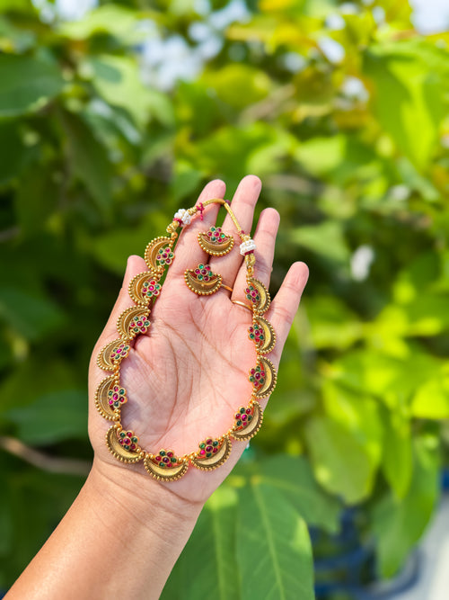Trending flower stone worked necklace with earring set- Multi color