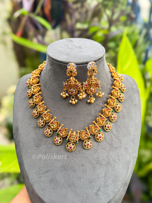 PK219 -  Lakshmi peacock stone worked necklace with earring