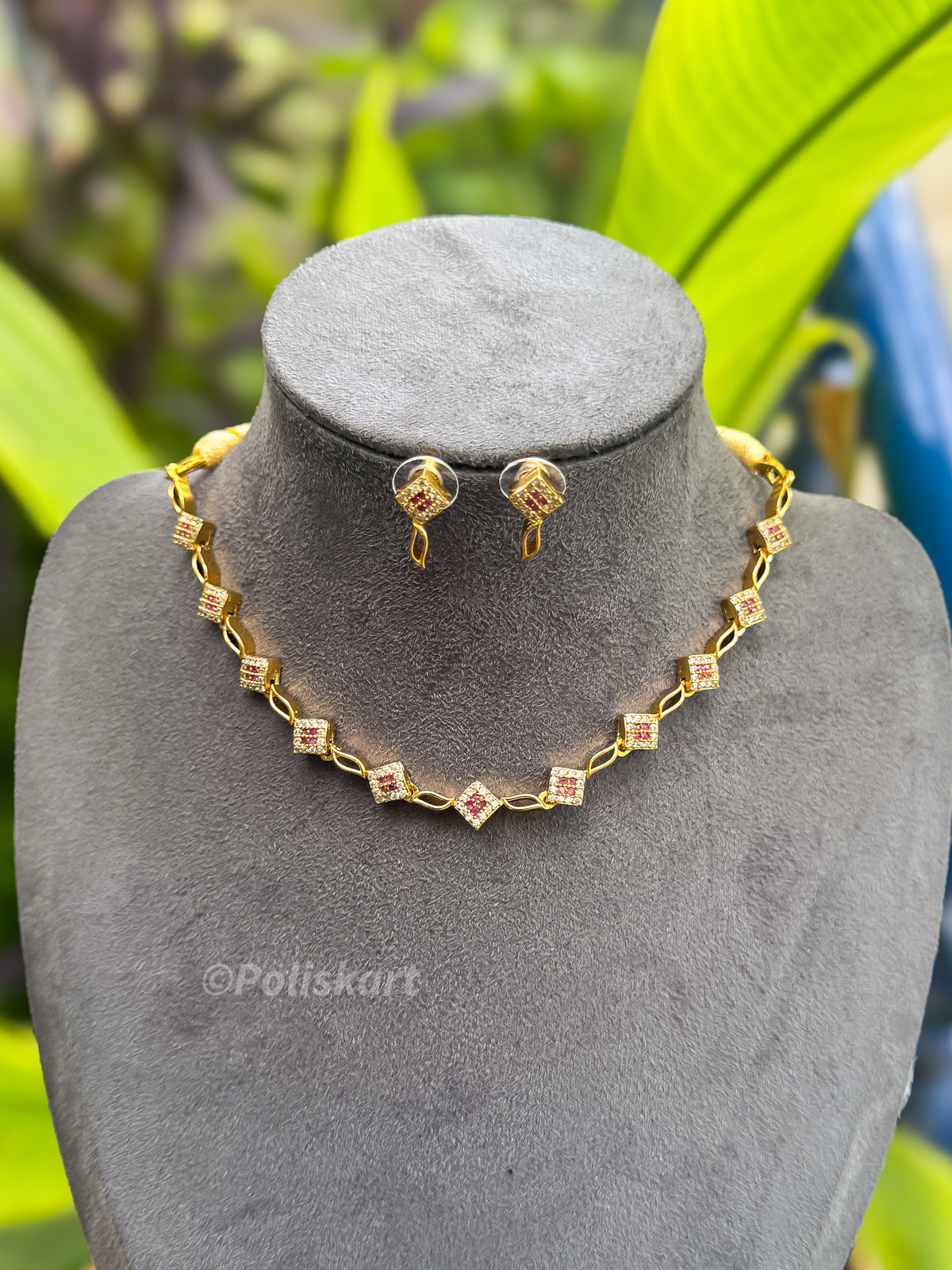 PK223 -  Diamond finished square stone worked necklace with earring