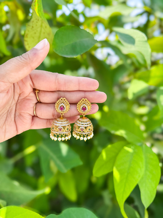 Premium Rubi  stone worked Jhumka set