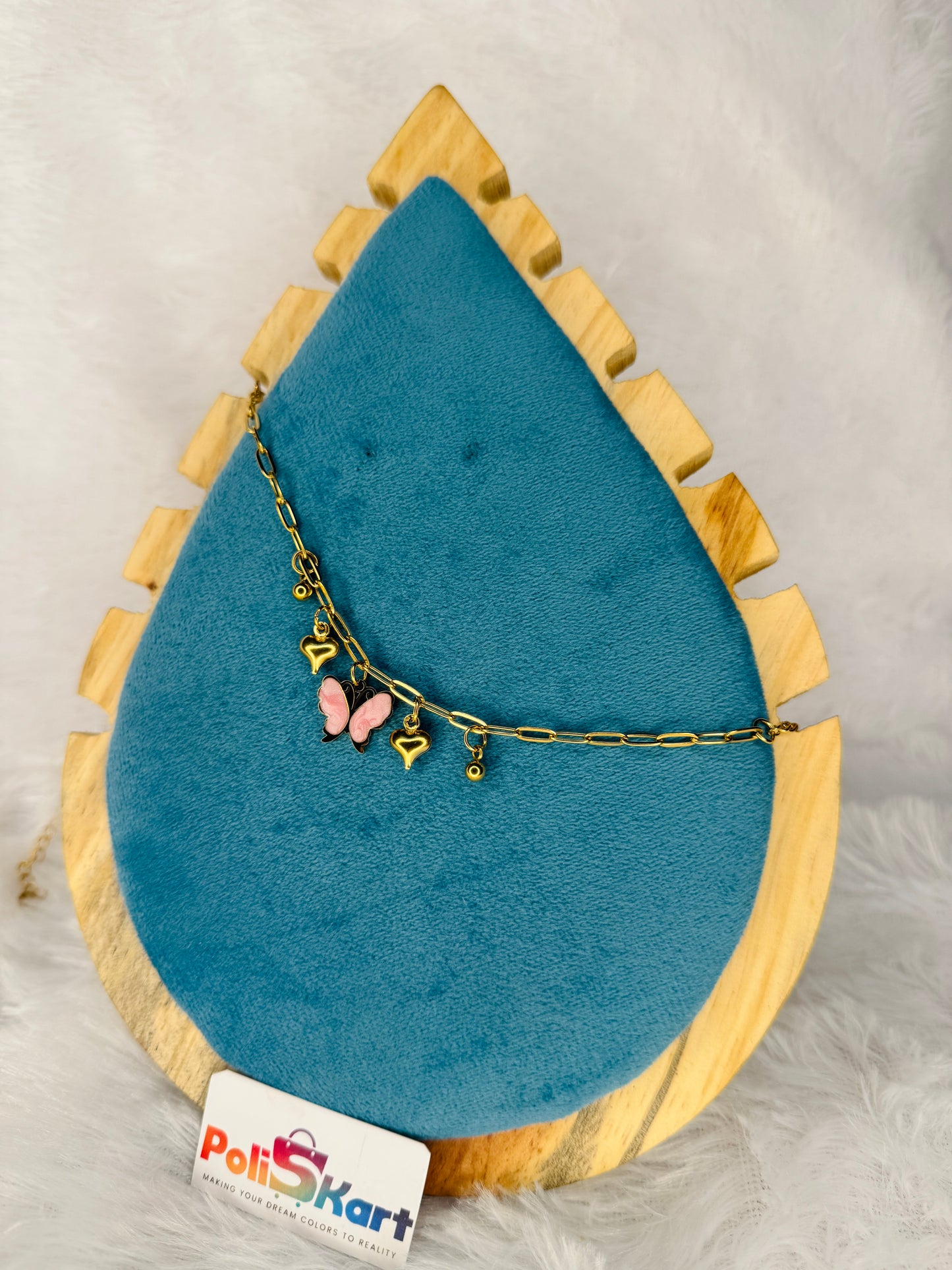 Bracelet -    hanging pink butterfly and  stone design
