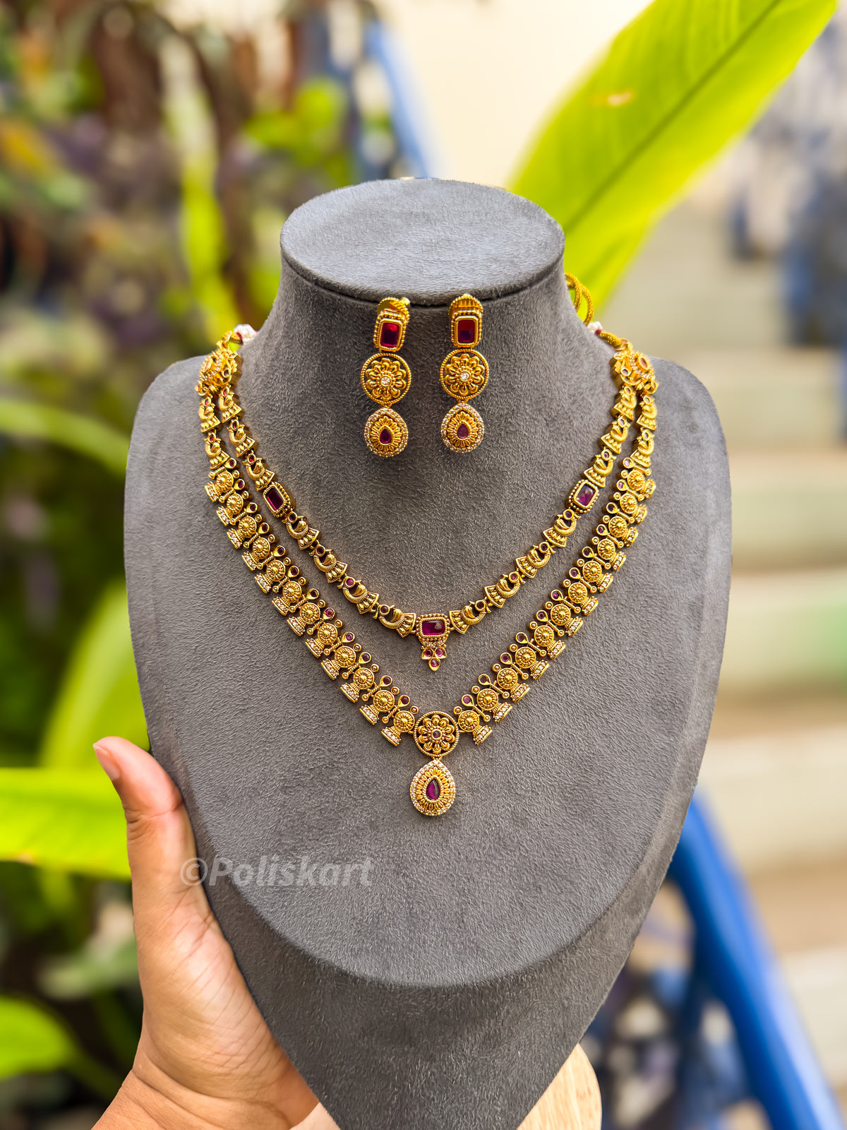 PK248 - Premium Stone worked double layer necklace and earring set