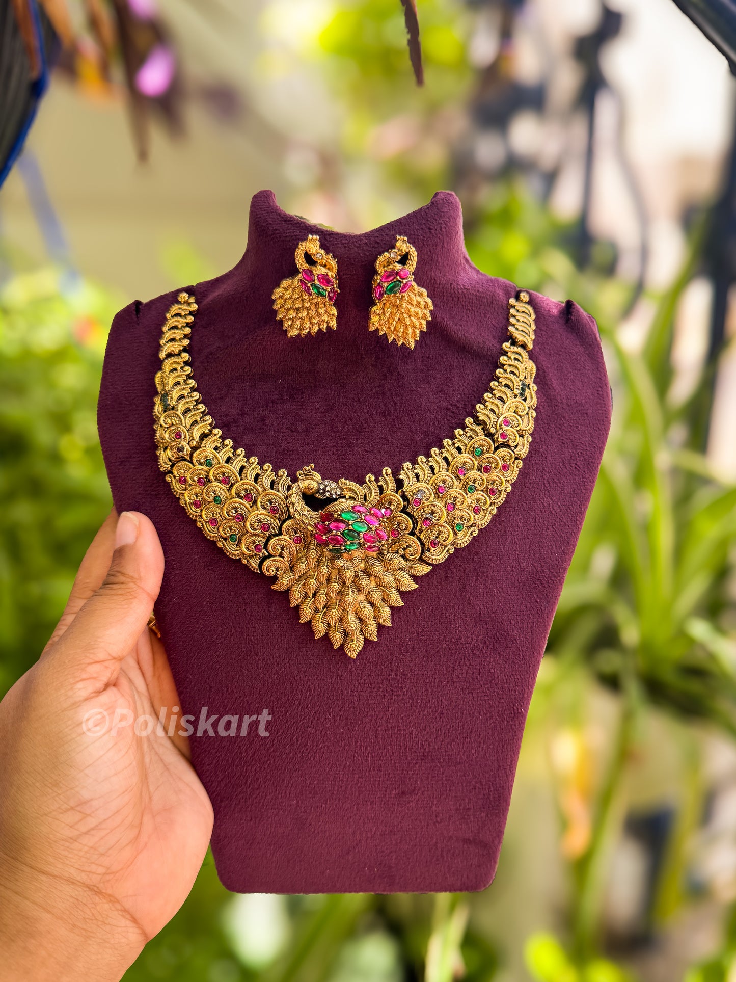 Heavy worked peacock necklace with earing