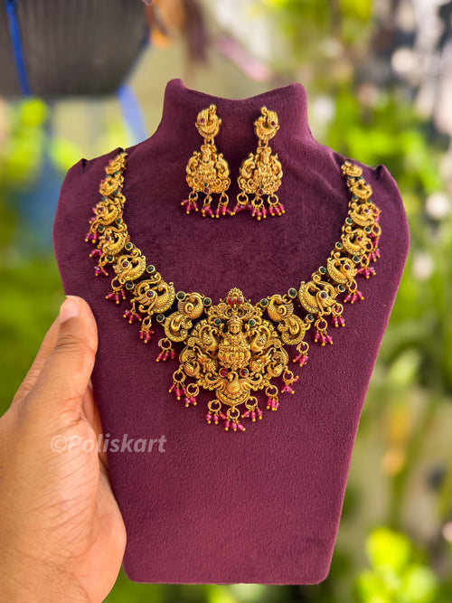 Ruby stone worked Lakshmi necklace set with earing