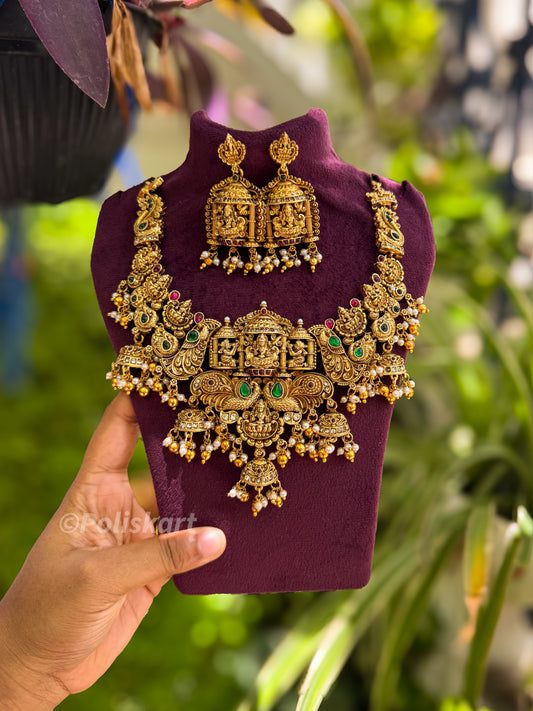 Heavy worked temple theme necklace with earing