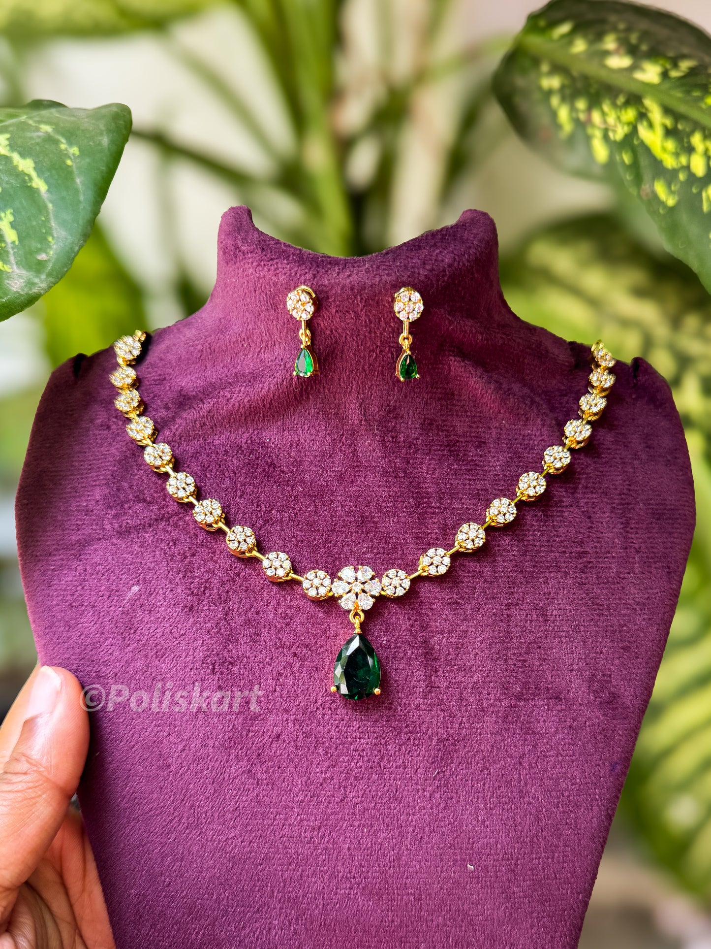 Diamond finished Emarald stone worked necklace with earing
