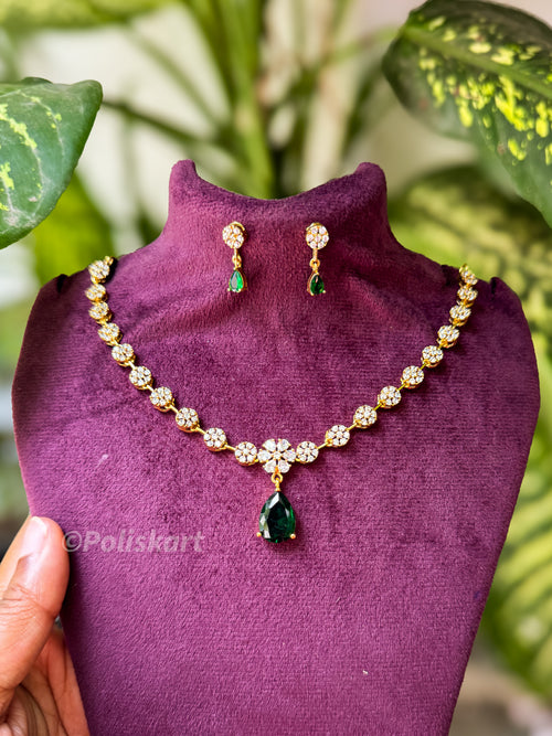 Diamond finished Emarald stone worked necklace with earing